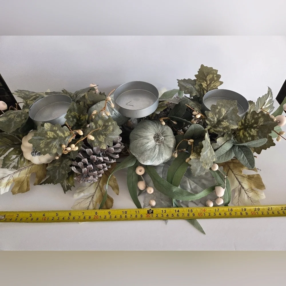 Fall Pumpkin Table Decor Silver and Green Candle Holder with Leaf Accents 21×9×7